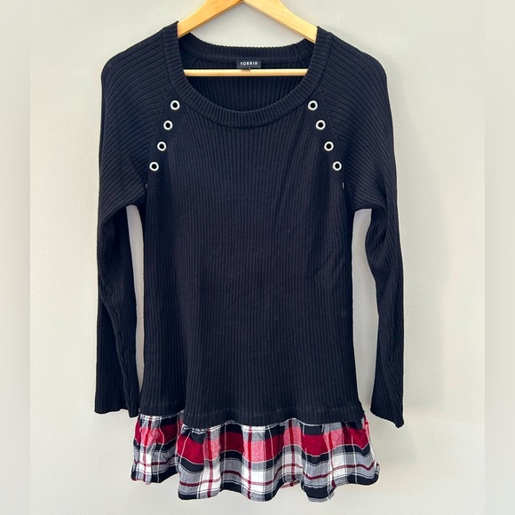 ☃️Torrid Ribbed Fitted Knit Layered Plaid Trim Lightweight Long Sleeve Top - Picture 1 of 4
